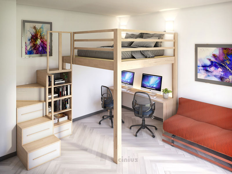 Yen-e Hochbett mit fester Höhe. L-förmiger Säulenquerschnitt