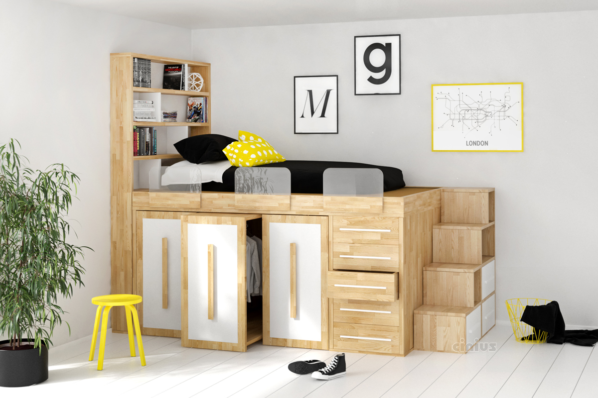 SpazioBed - M G Young SpazioBed - with 5 drawers and 3 wardrobe pull-out trolleys. White finished natural wood color