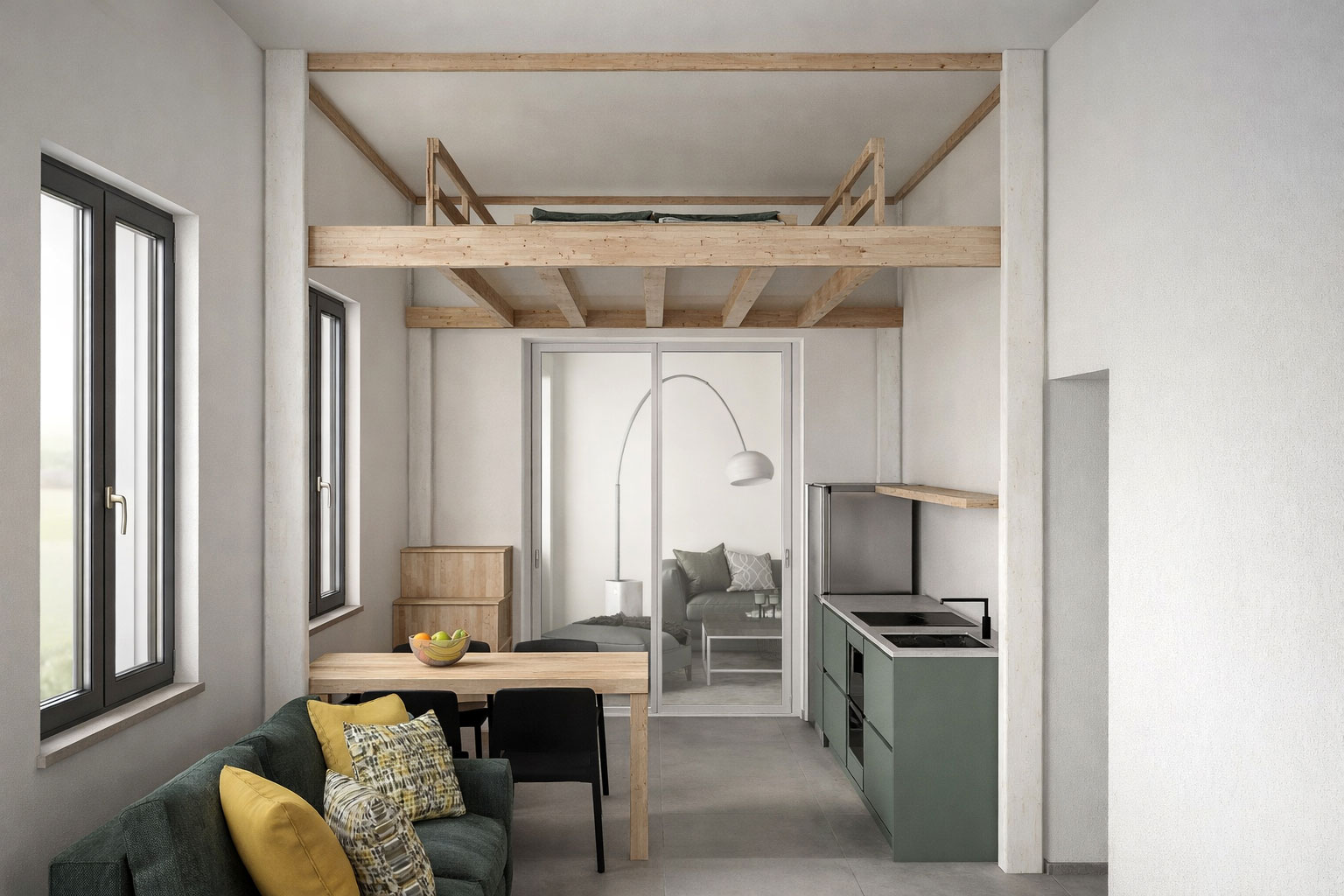 Rising mezzanine bed with electrically adjustable height, in a high position