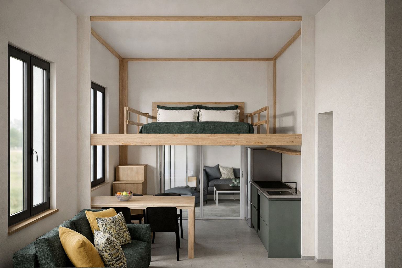Rising mezzanine bed with electrically adjustable height, in low position