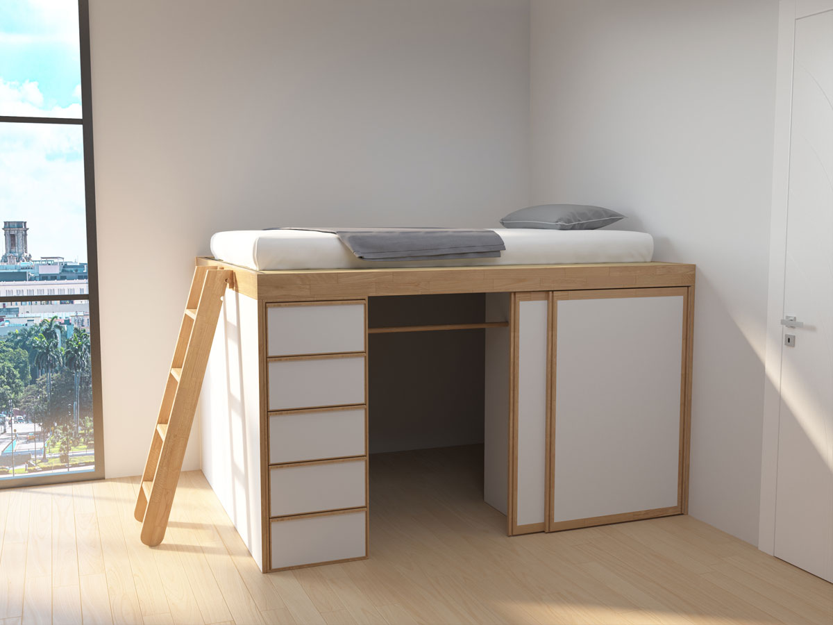 SpazioBed - Basic Young SpazioBed - with 5 drawers, wardrobe with 2 sliding doors. Natural wood color or white lacquered