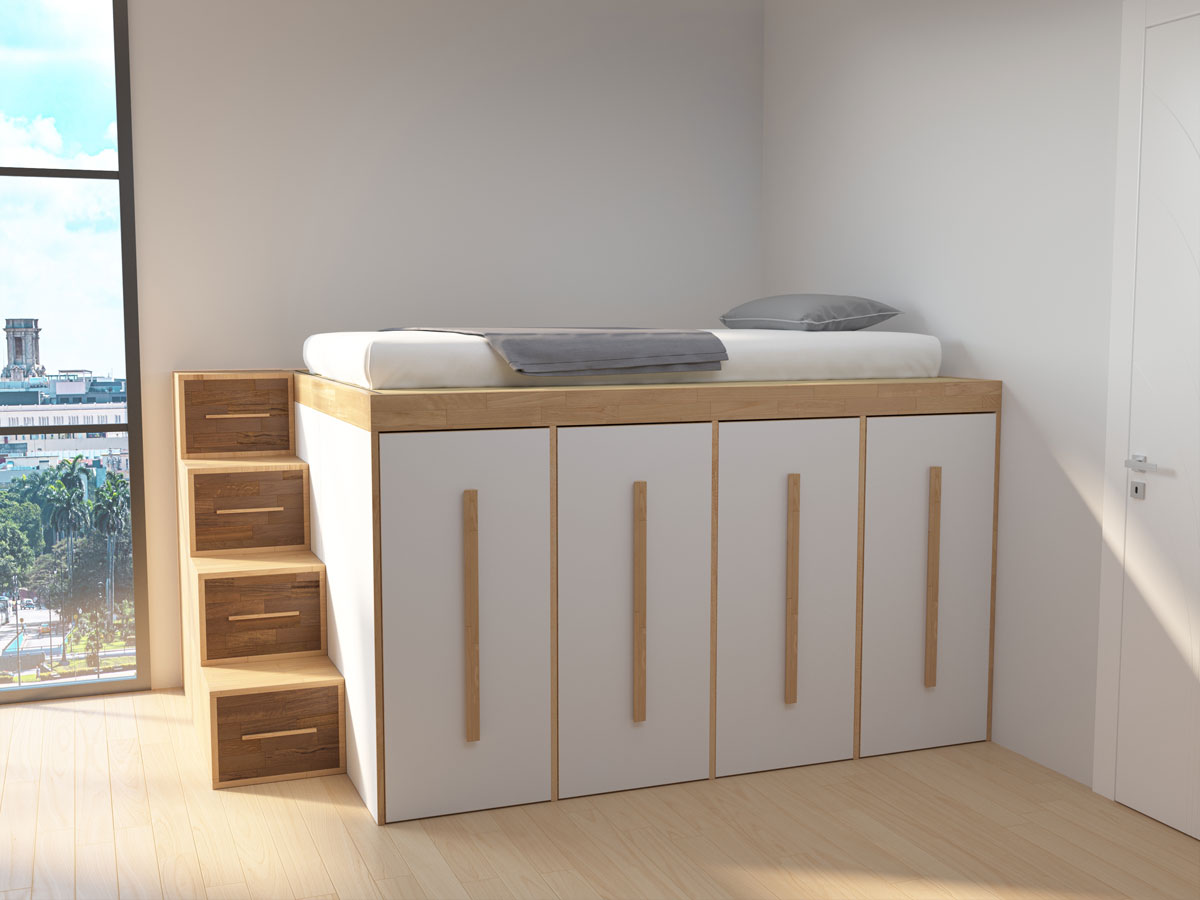 SpazioBed - Basic Young SpazioBed - with 4 drawers. Natural wood color or white lacquered
