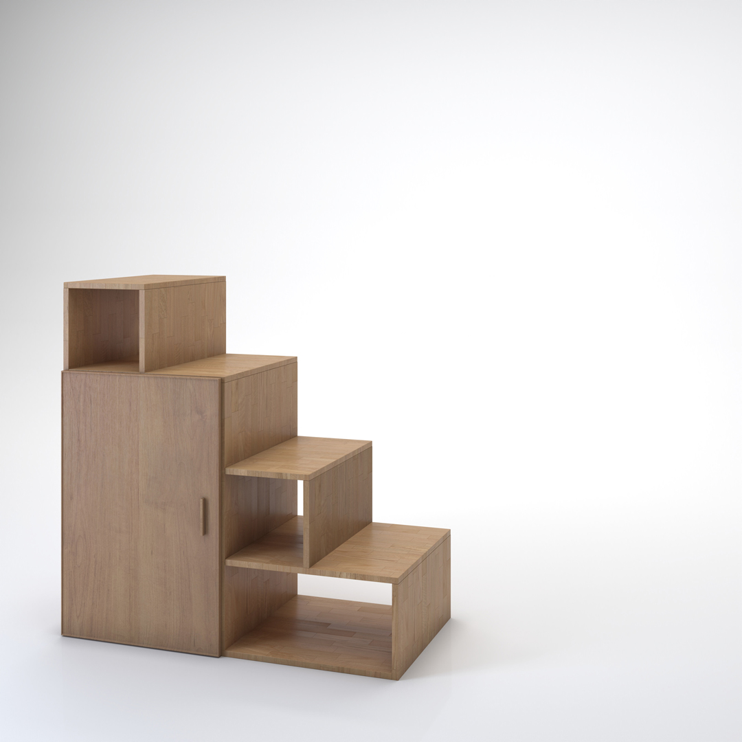 Staircase Yen-E with doors. Cinius solid beech staircase. Model with four steps and a door