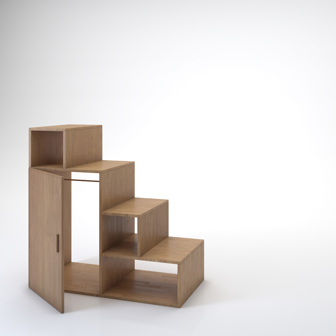 Staircase Yen-E with doors. Cinius solid beech staircase. Model with four steps and a door