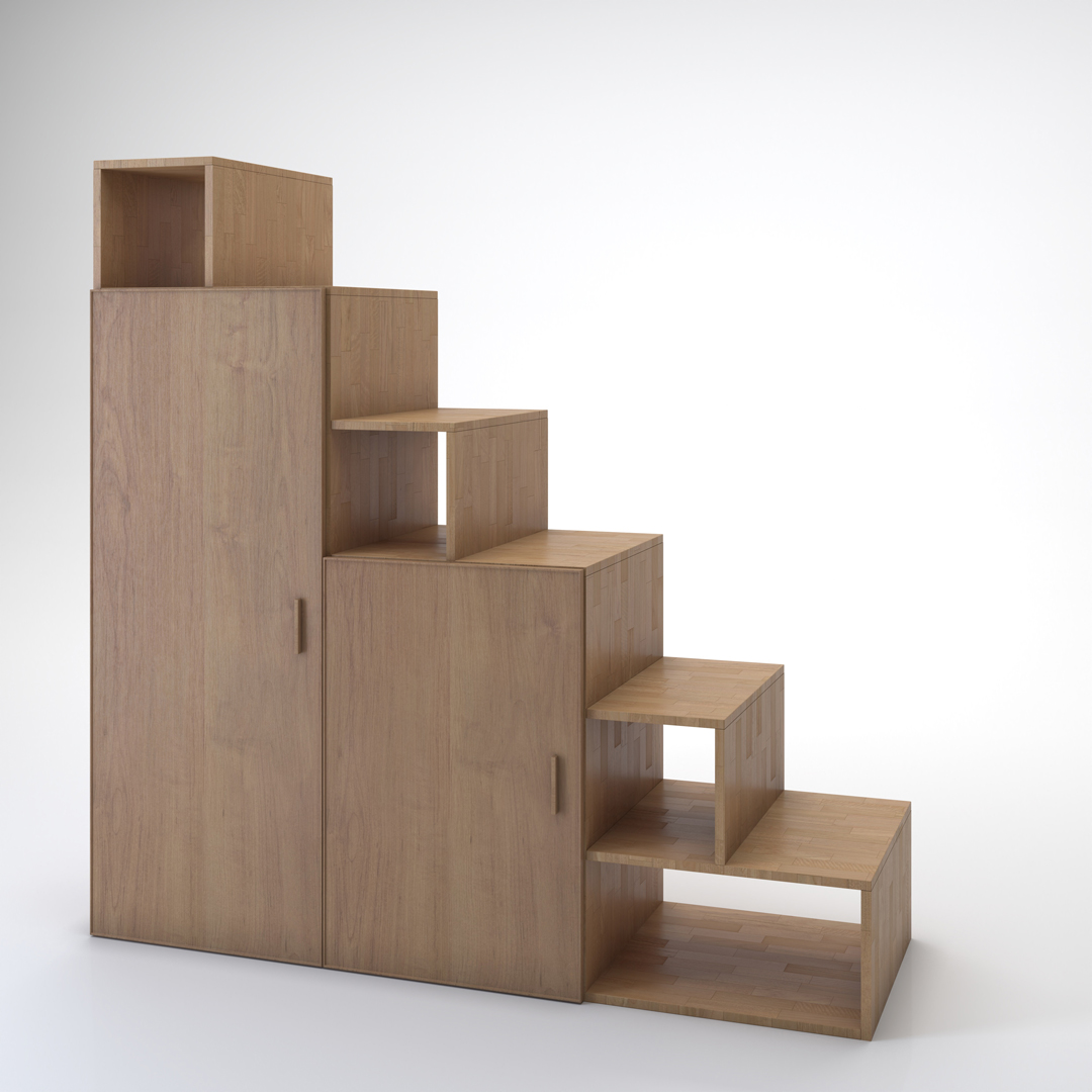 Staircase Yen-E with doors. Cinius solid beech staircase. Model with six steps and two doors
