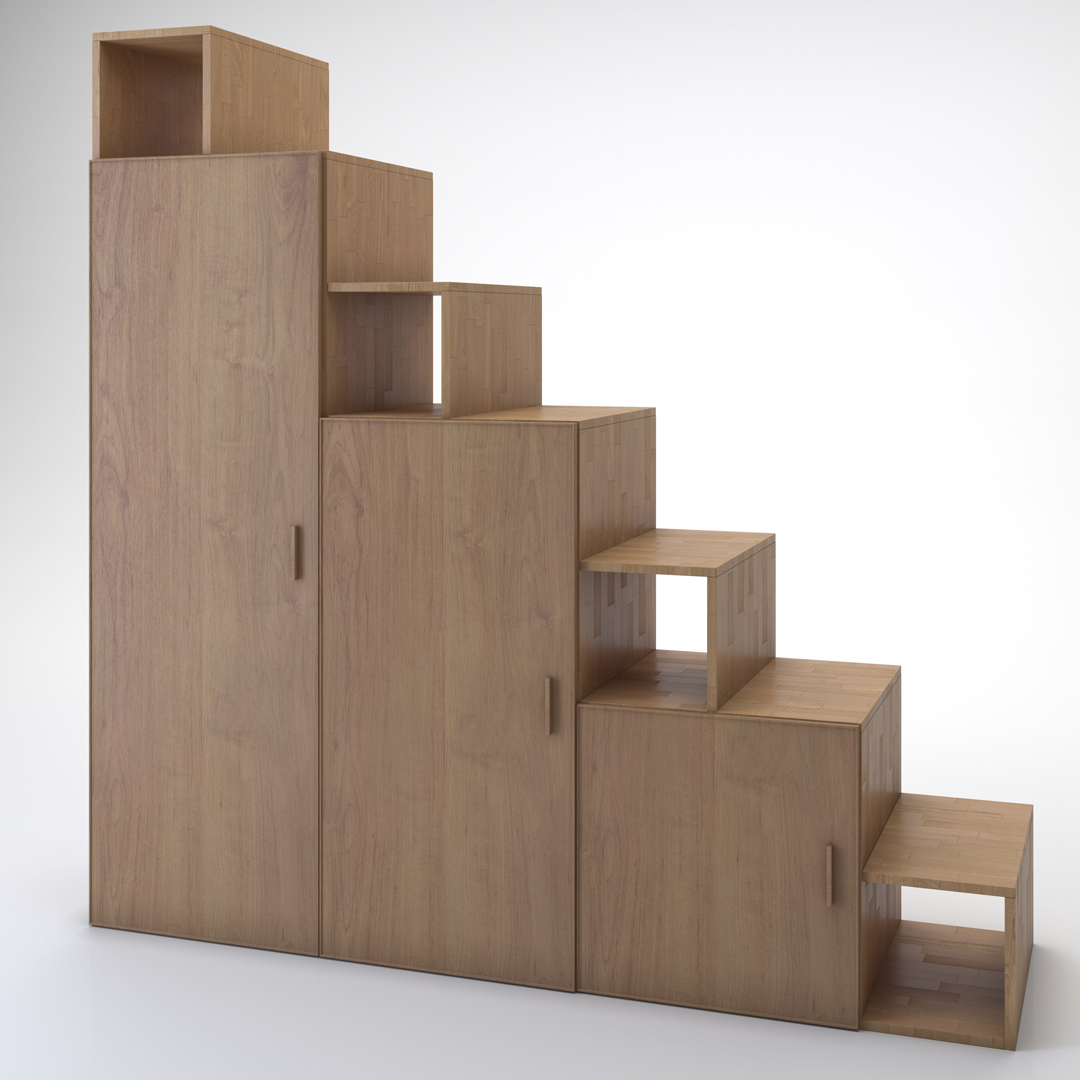 >Staircase Yen-E with doors. Cinius solid beech staircase. Model with seven steps and three doors