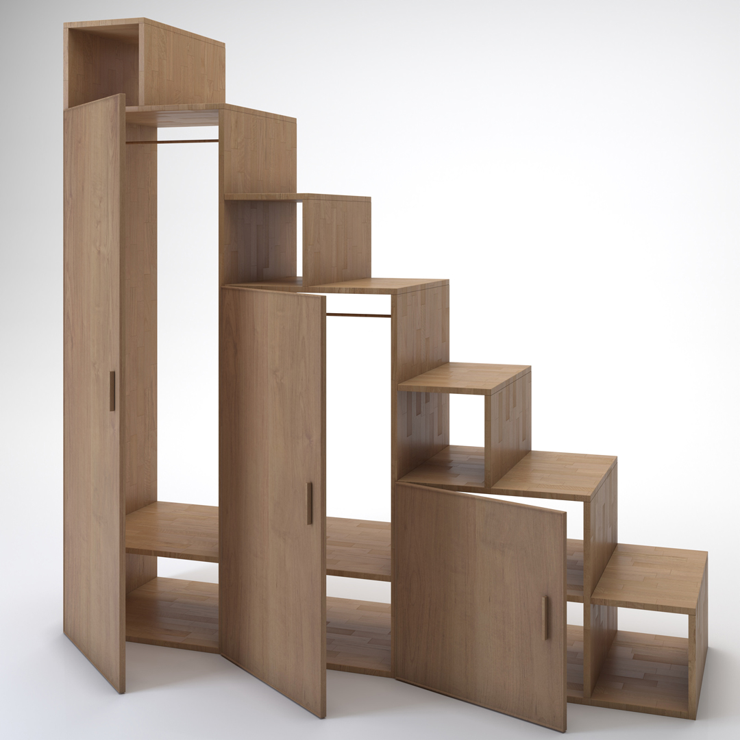 >Staircase Yen-E with doors. Cinius solid beech staircase. Model with seven steps and three doors