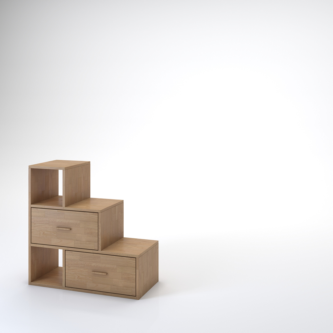 Staircase Yen-E with drawers. Cinius solid beech staircase. Model with three steps and two drawers