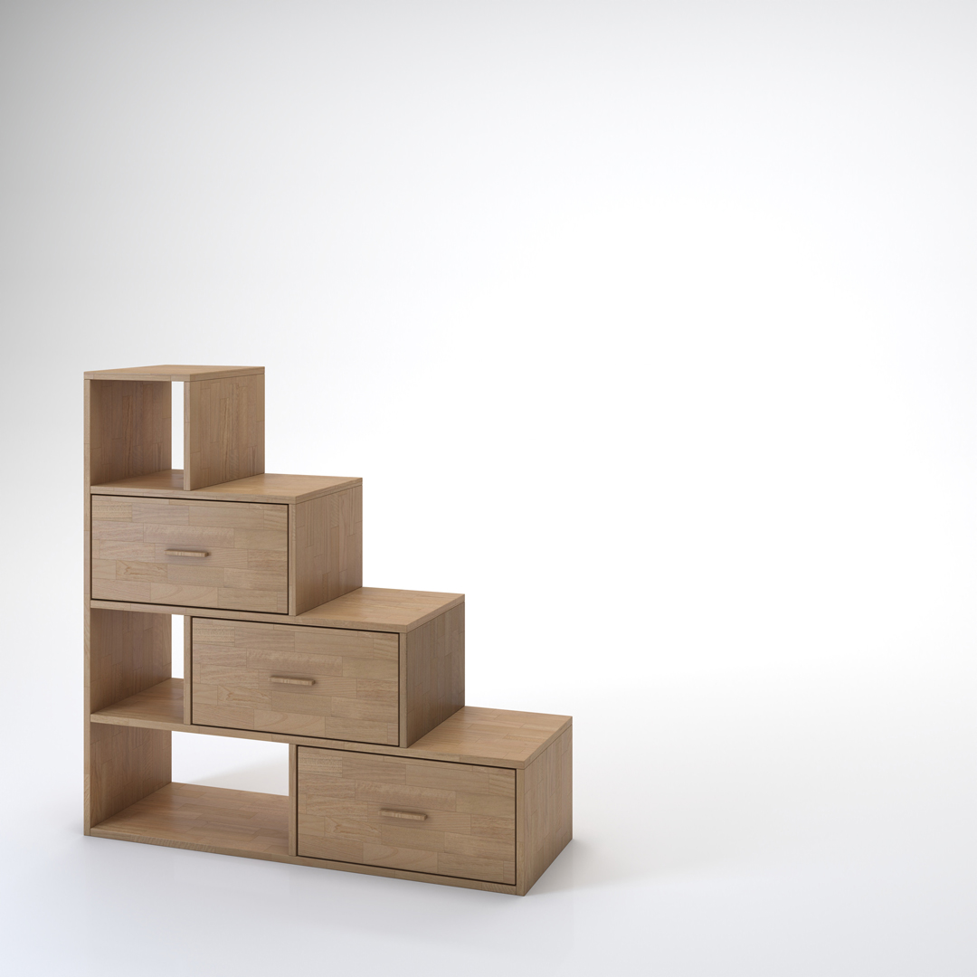 Staircase Yen-E with drawers. Cinius solid beech staircase. Model with four steps and three drawers