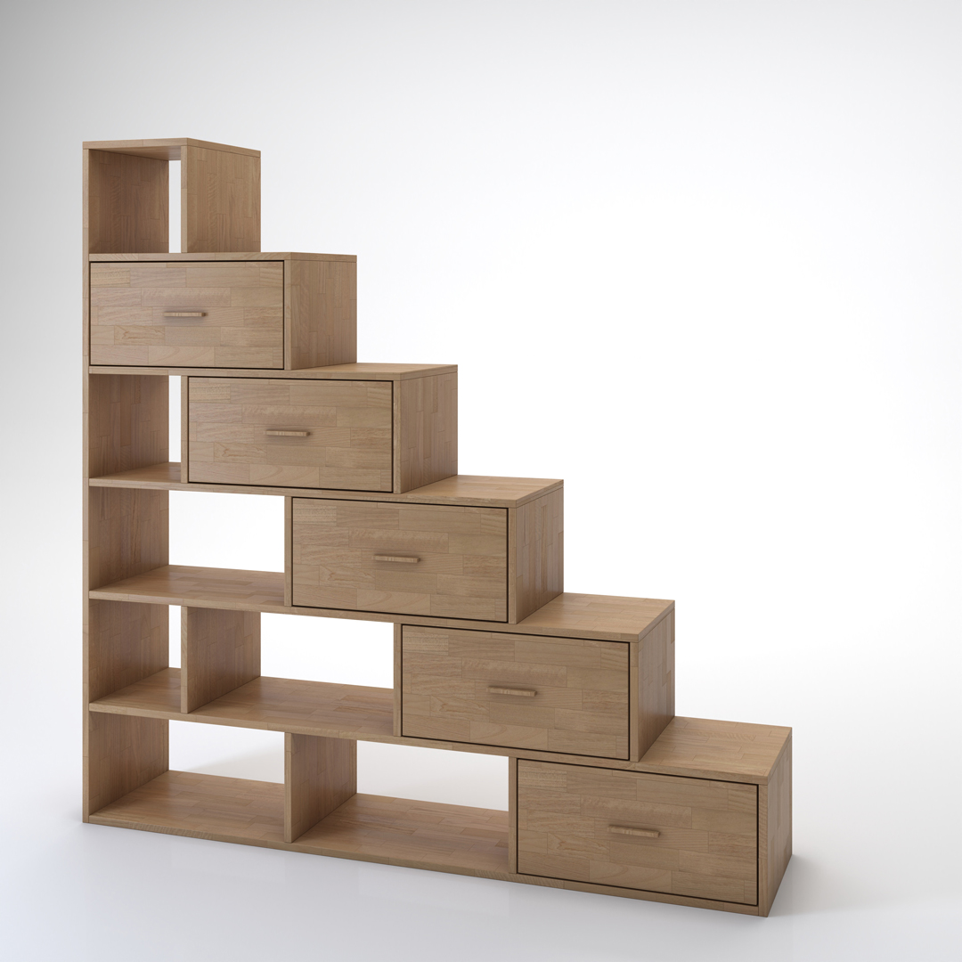 Staircase Yen-E with drawers. Cinius solid beech staircase. Model with six steps and five drawers