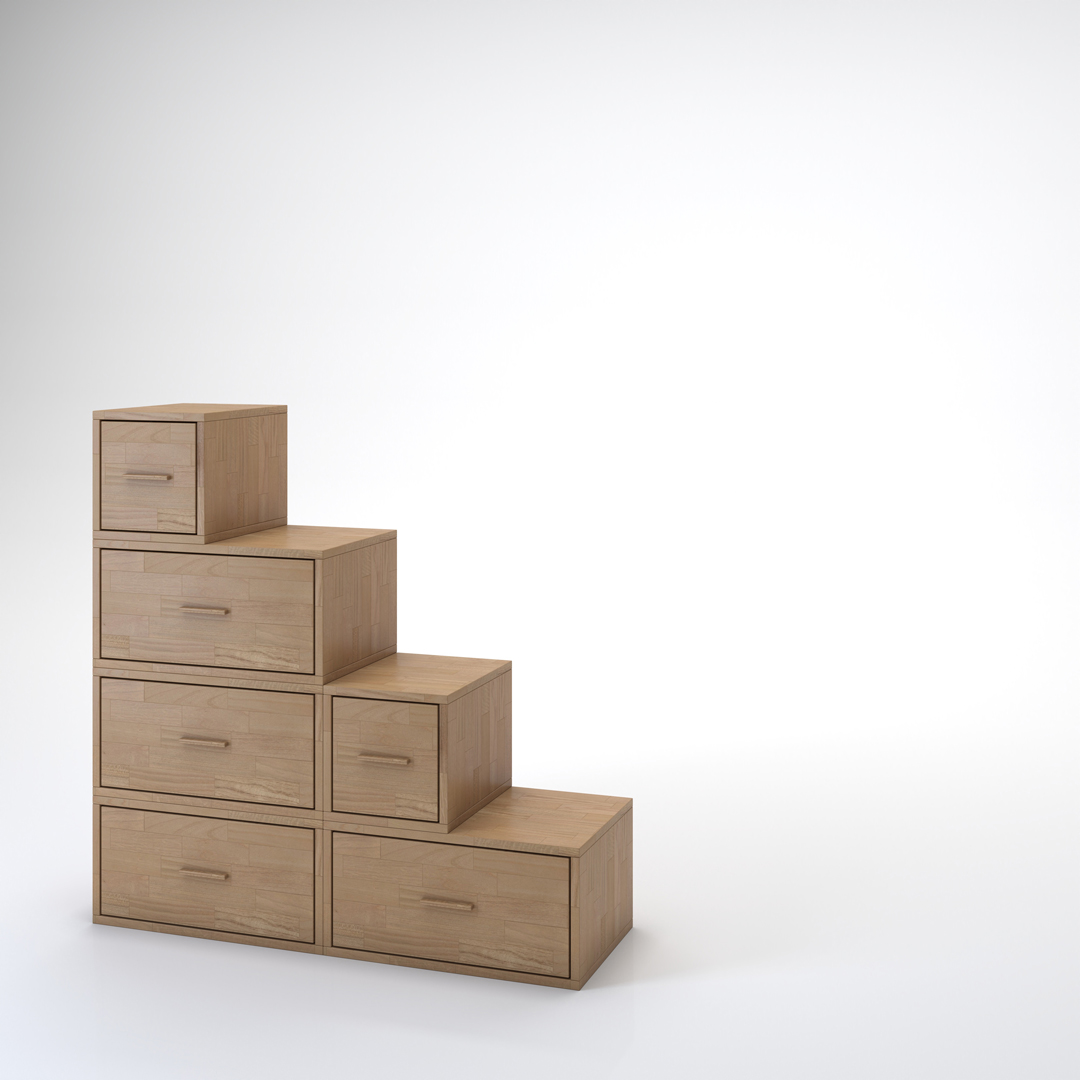 Yen staircase. Bookcase and staircase in solid beech wood Cinius. Model with four steps and drawers