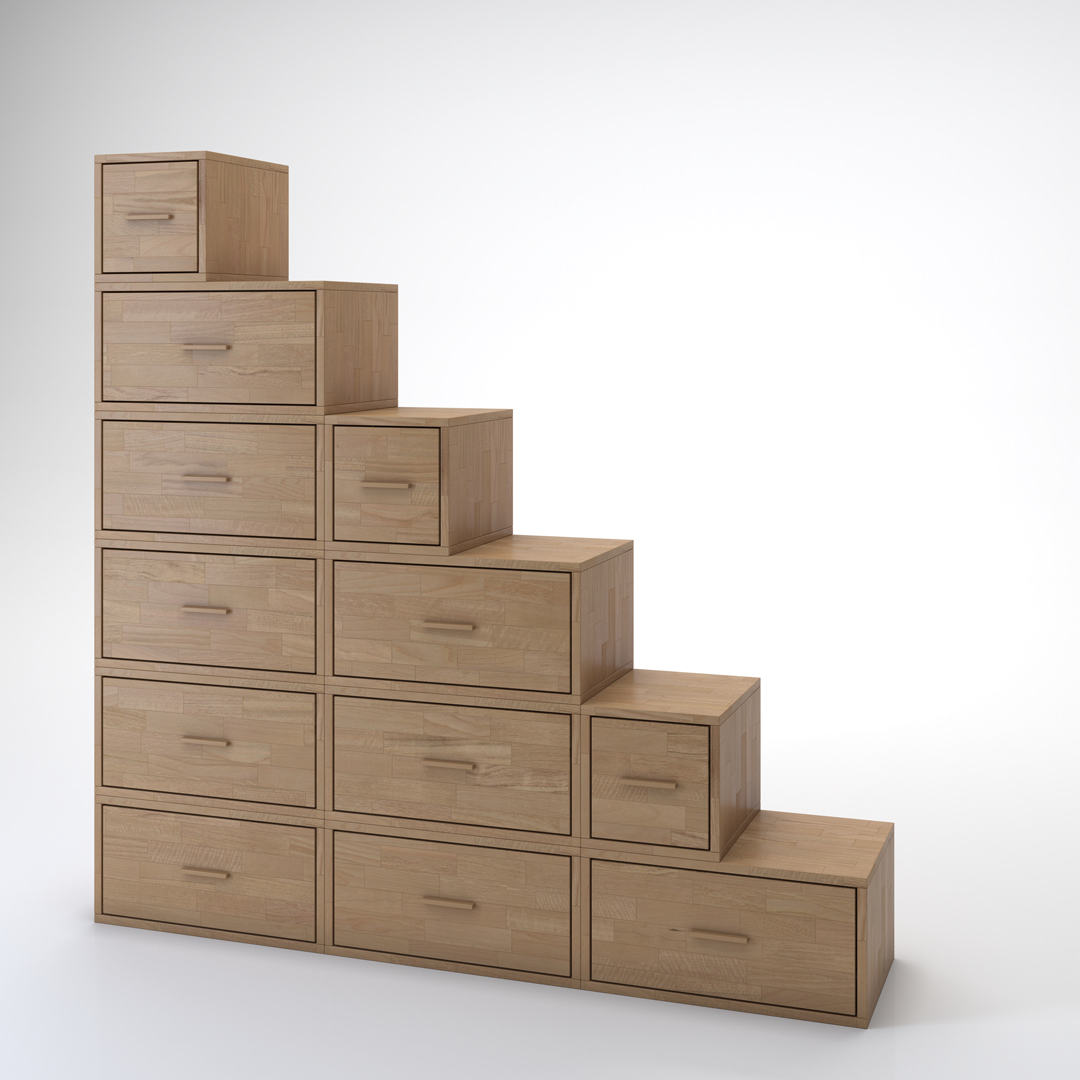 Yen staircase. Bookcase and staircase in solid beech wood Cinius. Model with six steps and drawers
