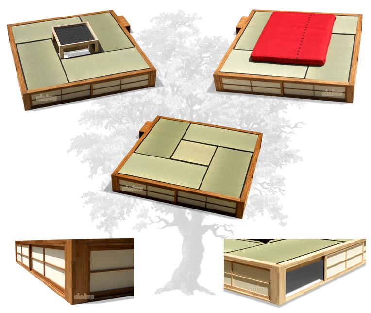 Cinius - Letto Podio, Letto giapponese piattaforma con superficie in tatami. Pedana chiusa lateralmente con ante scorrevoli giapponesi di tipo shoji o fusuma. Comodo contenitore salva-spazio. Rilettura in chiave occidentale della stanza 