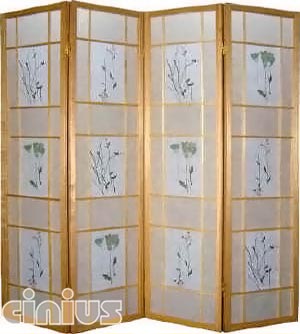 Separè a 4 ante, paraventi, con decorazioni floreali flower, telaio in legno color nero o naturale
