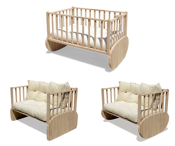 Culla trasformabile in divano o poltrona a dondolo, riutilizzabile in legno 