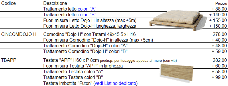 Listino prezzi letto Dojo H di Cinius