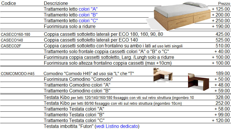 Listino prezzi letto Eco di Cinius