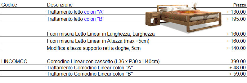 Listino prezzi letto Linear di Cinius