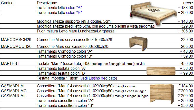 Listino dei prezzi letto Maru di Cinius