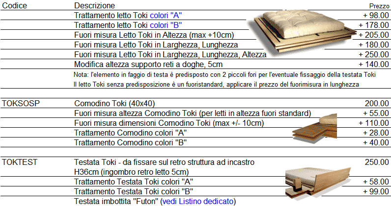 Listino prezzi letto Toki di Cinius