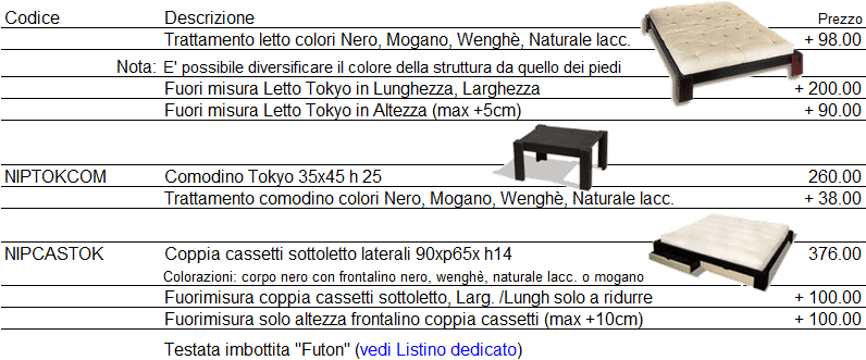 Listino prezzi letto Tokio di Cinius