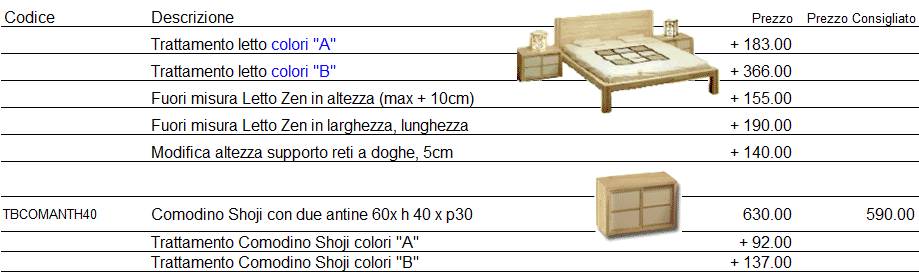 Listino prezzi letto Zen di Cinius