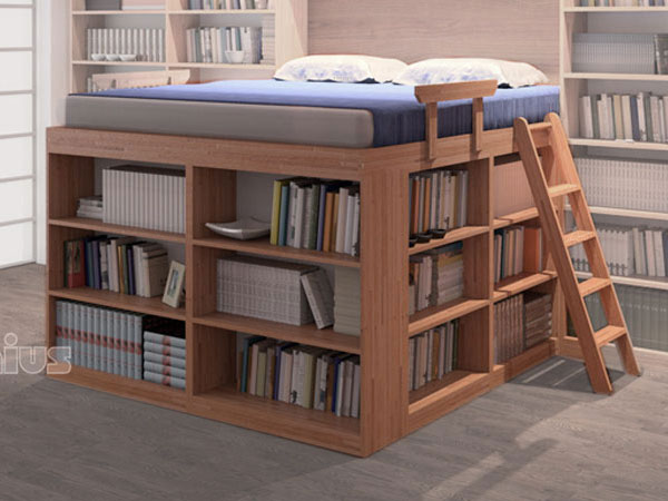 Moderna camera da letto con libreria con scaffali e letto Biblioteca di Cinius