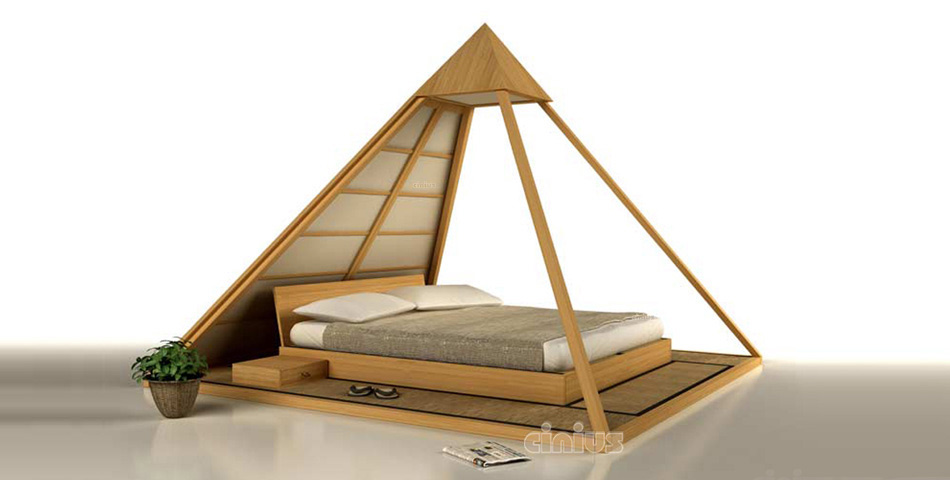 Letto Cheope di Cinius con baldacchino a piramide e tatami