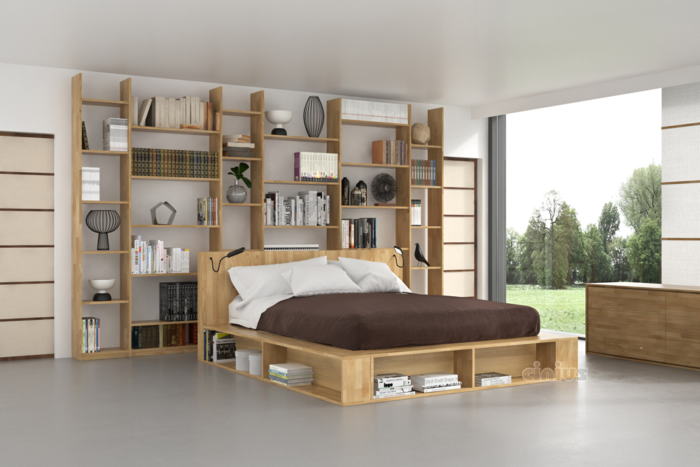 Letto Biblio di Cinius con liberia su 3 lati e capiente contenitore salvaspazio sotto letto