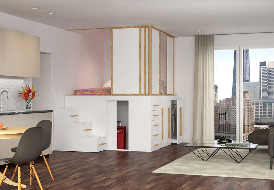 L’avantage d’un lit haut, composé d’une structure solide en bois de hêtre massif lamellé, permets de créer un espace living complet dans une seule pièce
