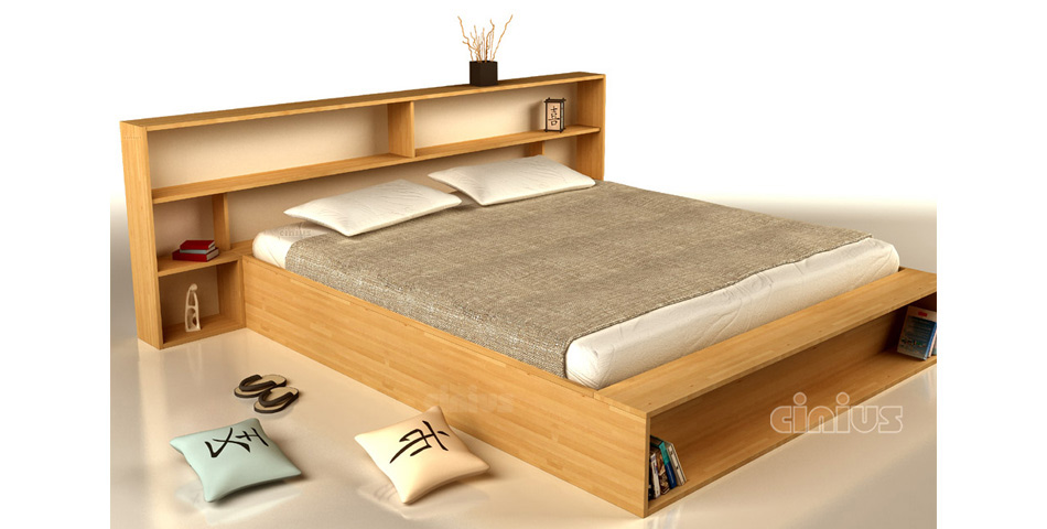 Letto Slim di Cinius con testata in legno massello funzione libreria