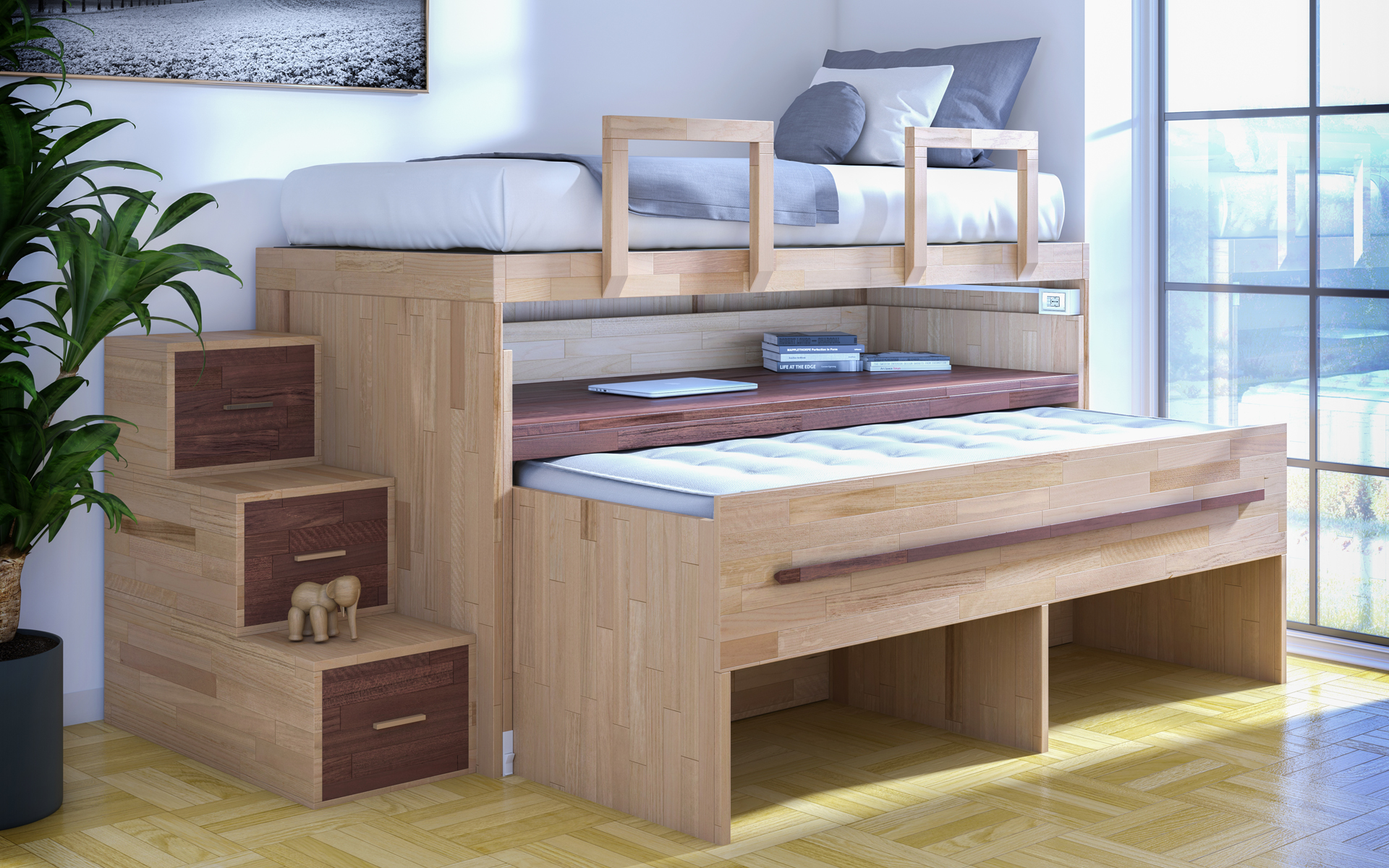 SPAZIOBED_ Lit Gain de Place: Deux lits, un bureau et deux tiroirs