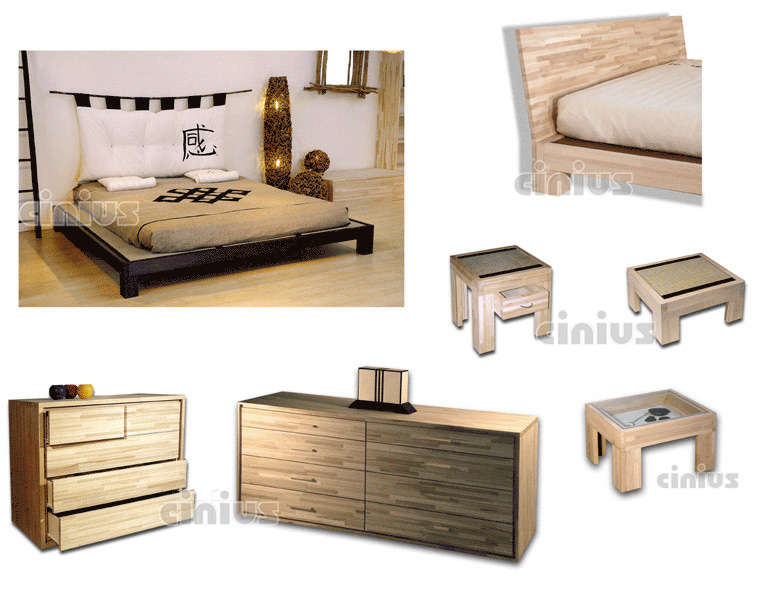 Letto Tatami-Bed di Cinius con testata, comodino e cassettiera in legno massello