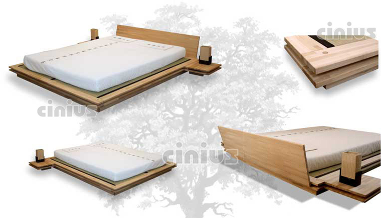 Letto Toki di Cinius con comodini sospesi e testata in legno massello, dettagli