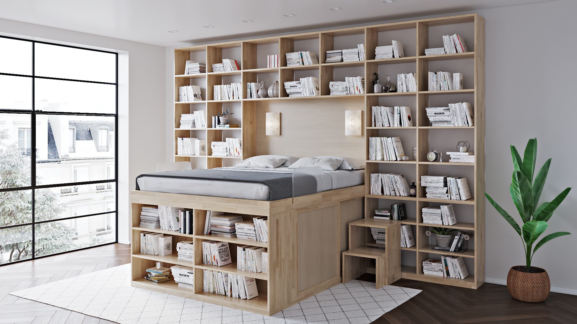Space-saving bed in beechwood, Bookcase SpazioBed is ideal for those who love being surrounded by books: Bookcase SpazioBed is a bookcase by itself, while it is possible to use the inside of the bed as a storage compartment