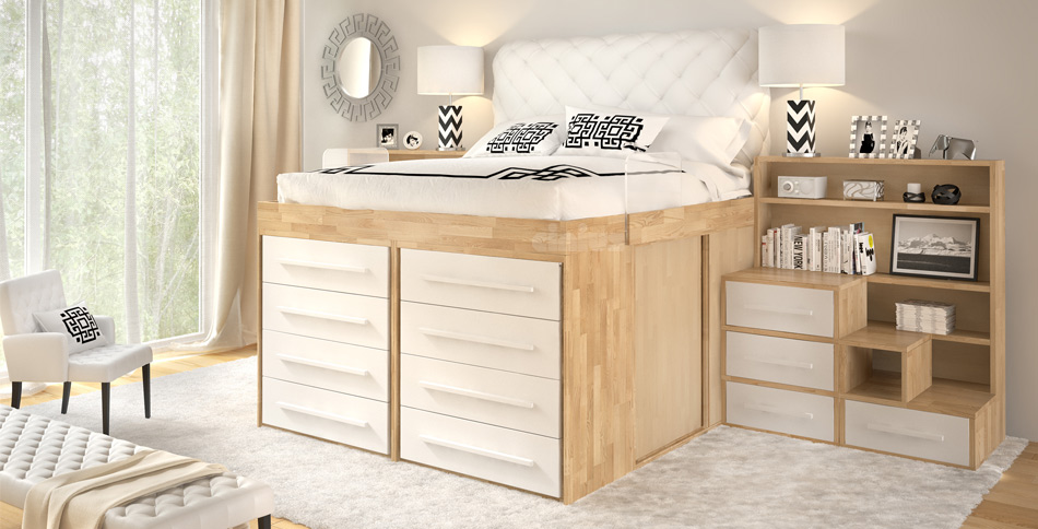 SpazioBed - 8 drawers, white eco headboard, plexiglass railing, ladder with drawers and storage bookcase
