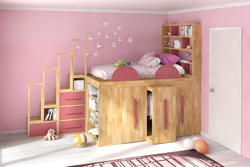 SpazioBed - Pink Young SpazioBed with butterflies- with 3 shelves frontal cabinet and 3 wardrobe side trolleys. Storage bookcase and cube ladder with drawers
