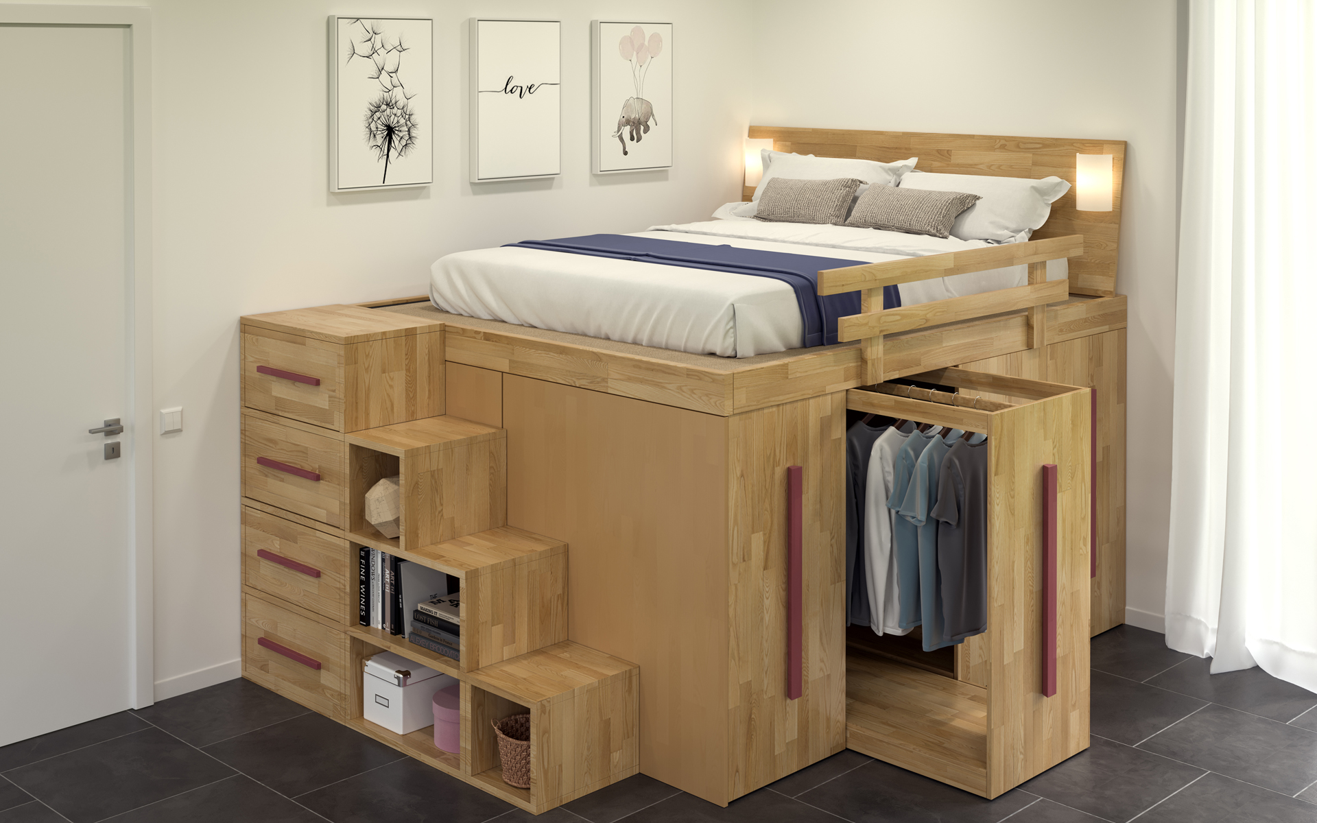 Letto SpazioBed con carrelli estraibili salvaspazio di Cinius in legno massello