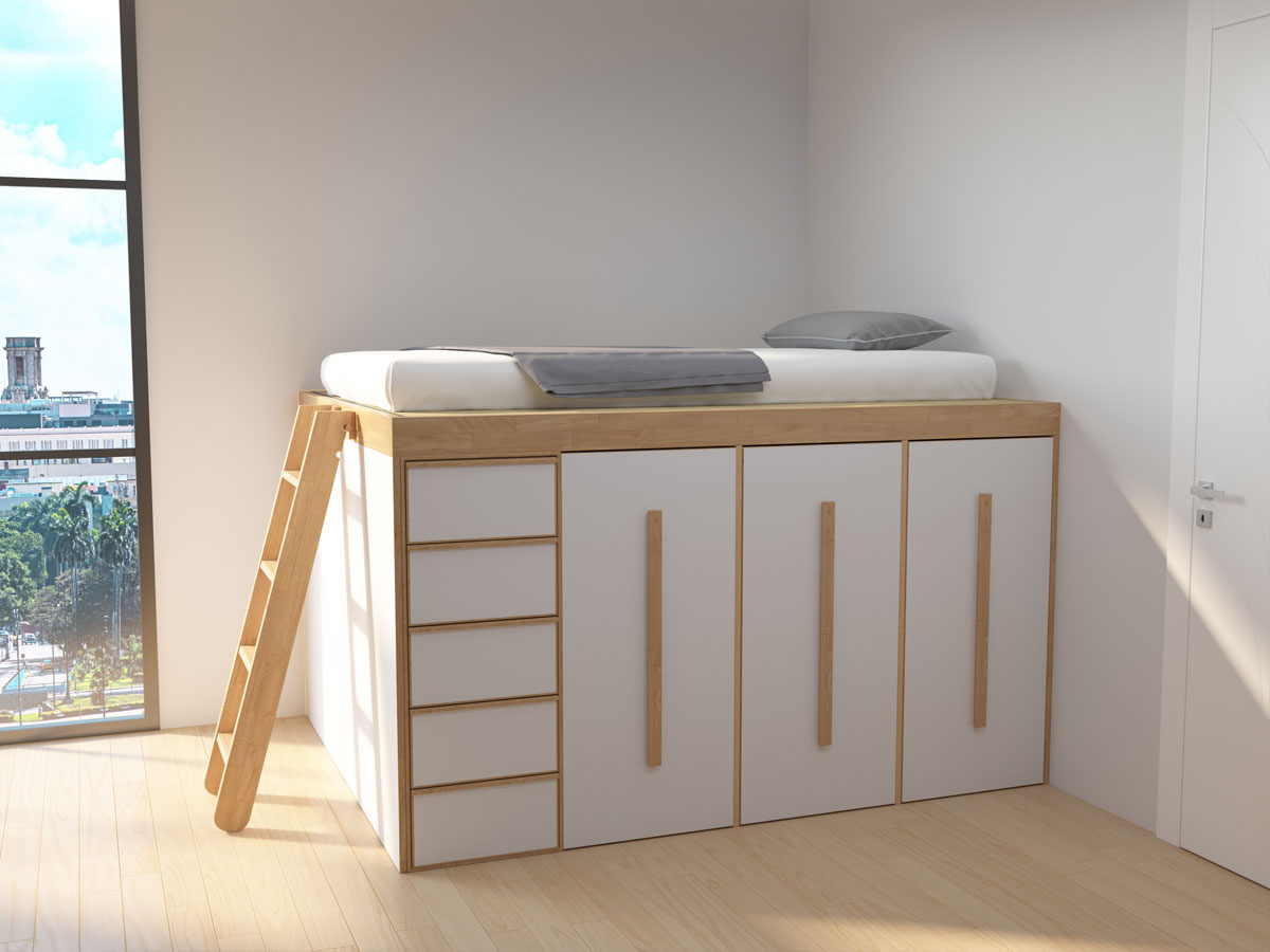 SpazioBed - Basic Young SpazioBed - with 5 drawers, 3 trolleys. Natural wood color or white lacquered