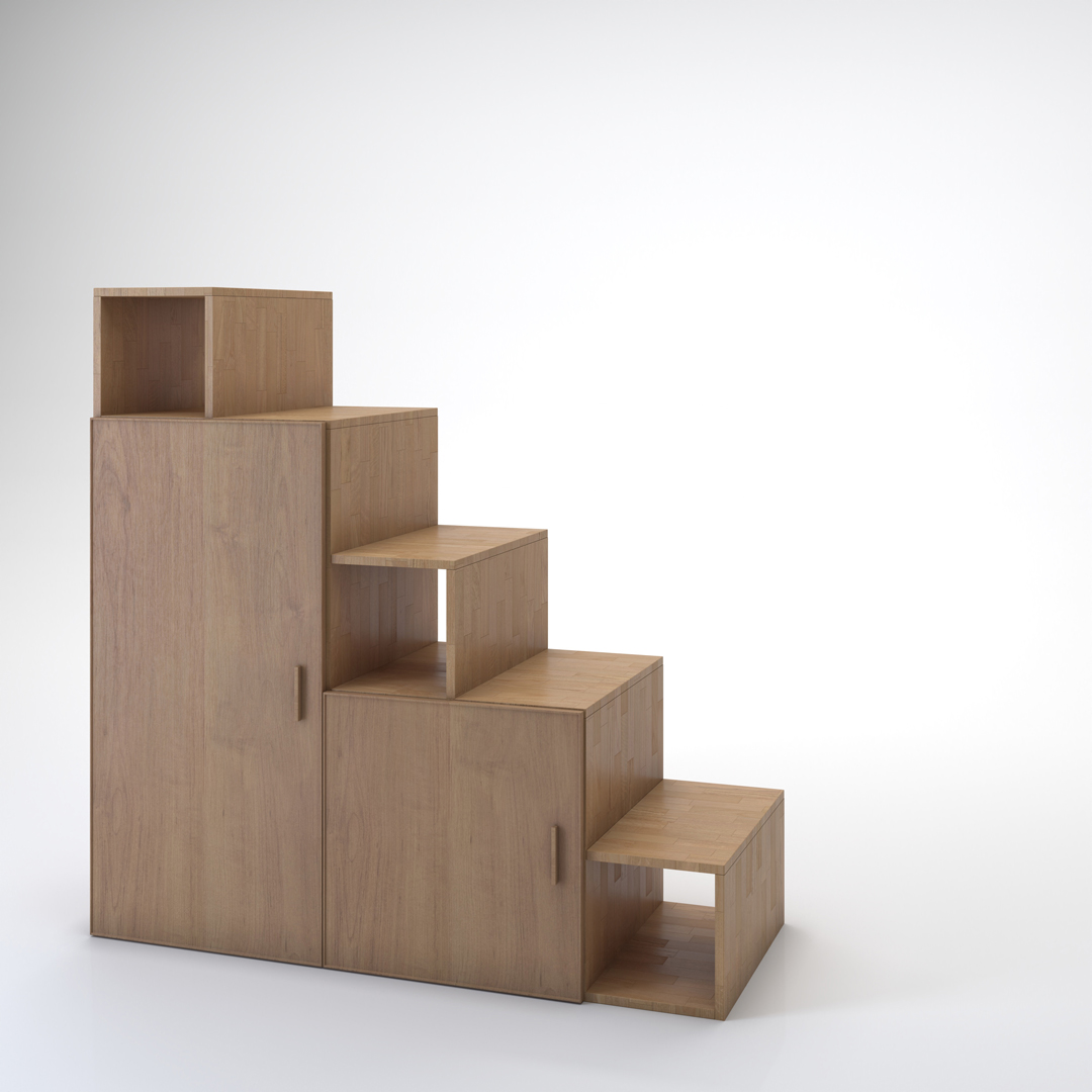 Staircase Yen-E with doors. Cinius solid beech staircase. Model with five steps and two doors