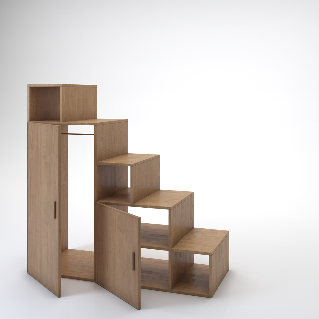 Staircase Yen-E with doors. Cinius solid beech staircase. Model with five steps and two doors