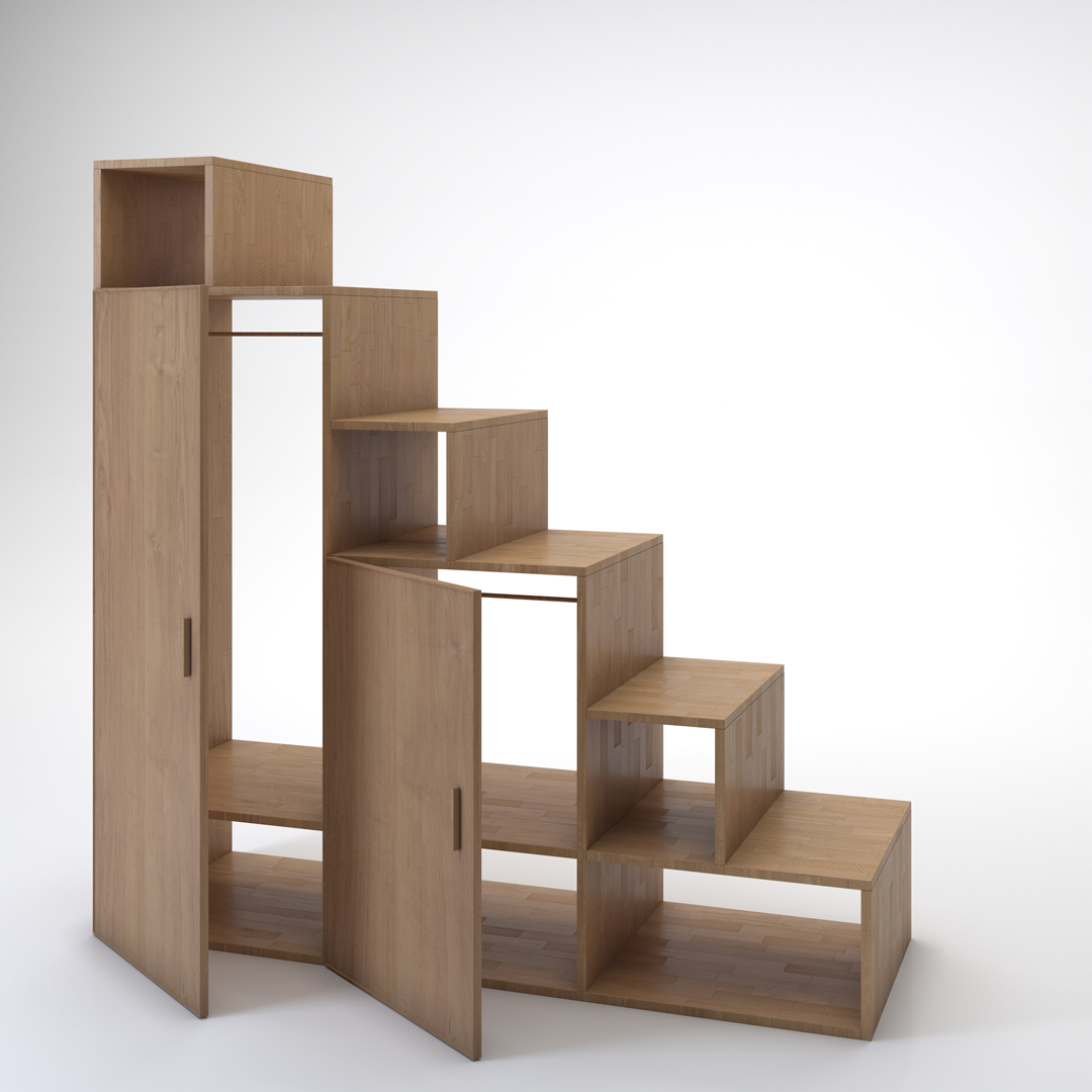 Staircase Yen-E with doors. Cinius solid beech staircase. Model with six steps and two doors