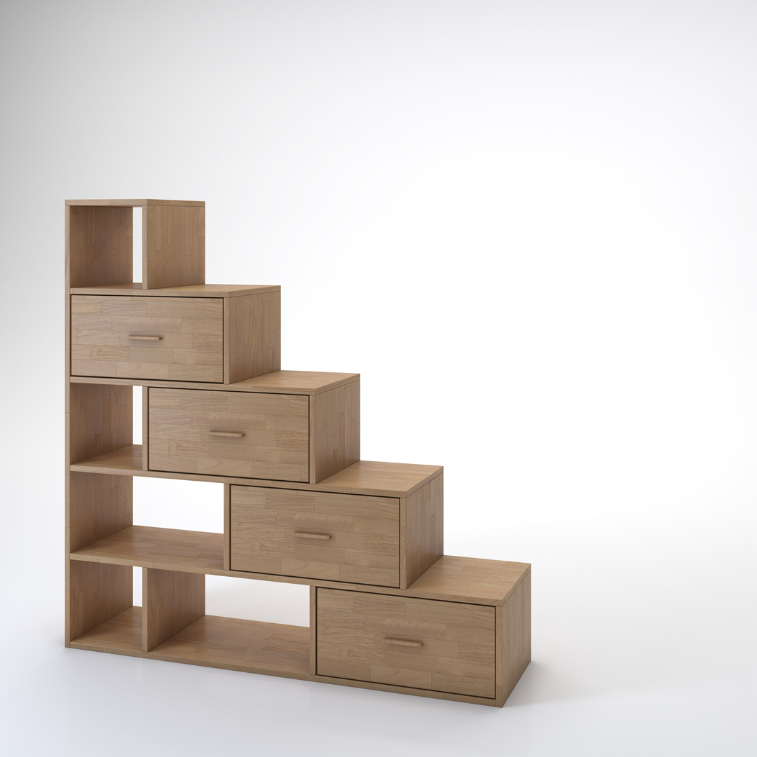 Staircase Yen-E with drawers. Cinius solid beech staircase. Model with five steps and four drawers
