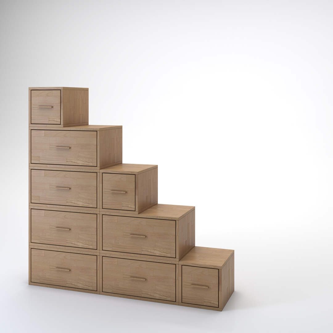Yen staircase. Bookcase and staircase in solid beech wood Cinius. Model with five steps and drawers