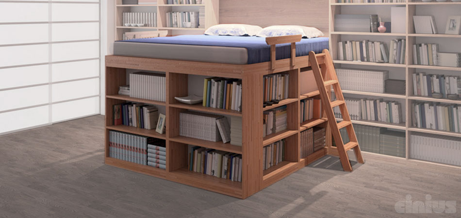 Moderna camera da letto con libreria con scaffali e letto Biblioteca di Cinius