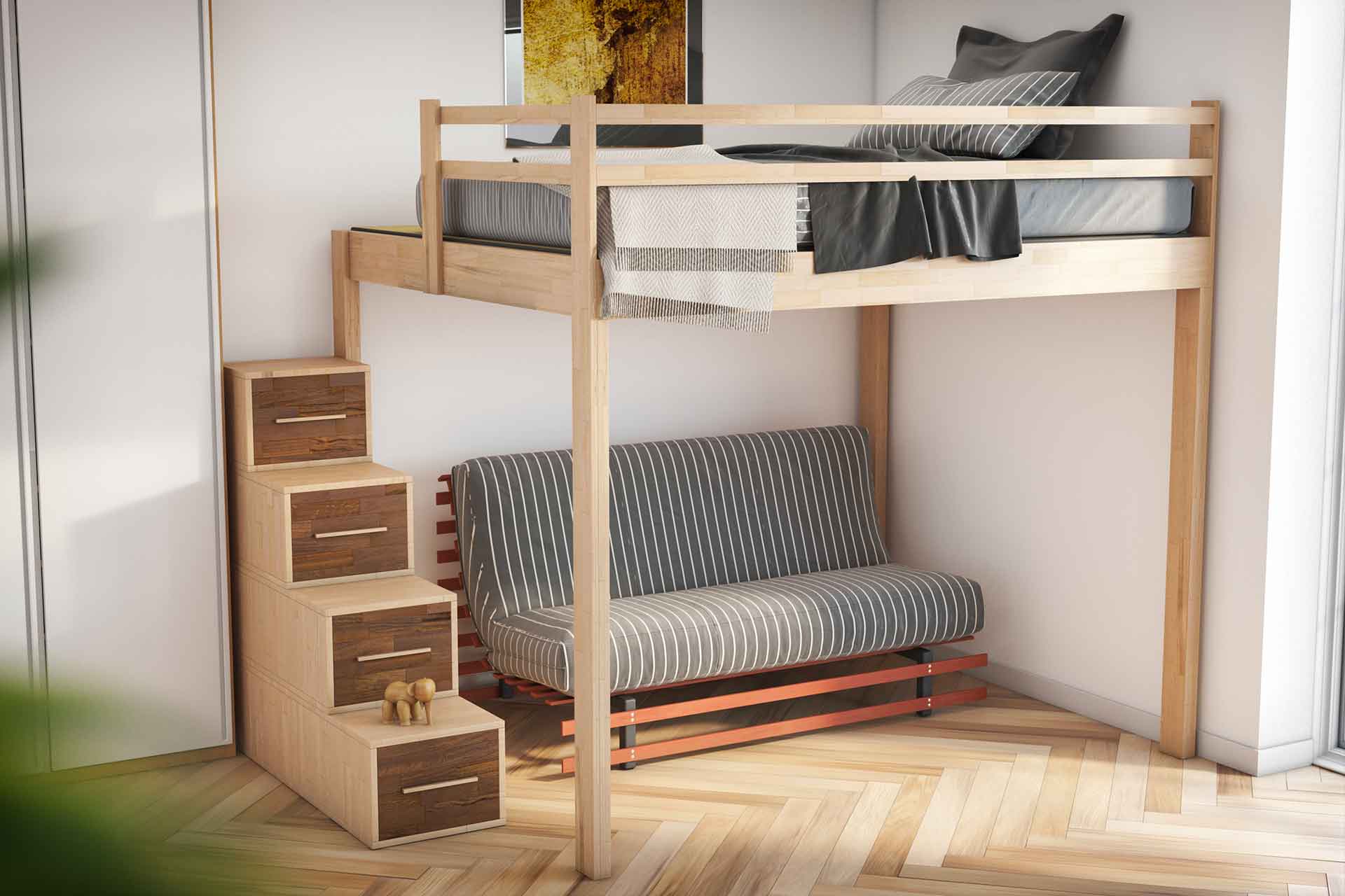 Lit mezzanine Maison sur arbre, idéal pour les plafonds bas, avec canapé