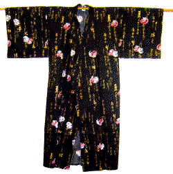 Kimono giapponese tradizionale Cinius, vestito in puro cotone di colore nero con decorazione floreale