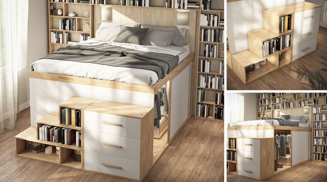 Letto SpazioBed con cassetti frontali e ante scorrevoli salvaspazio di Cinius