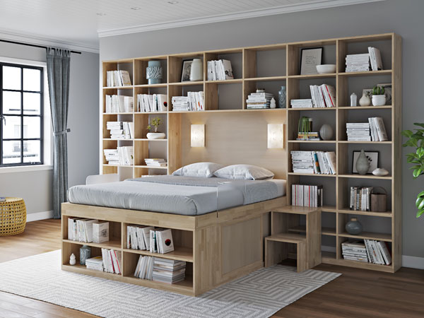 Moderna camera da letto con libreria con scaffali e letto Biblioteca di Cinius