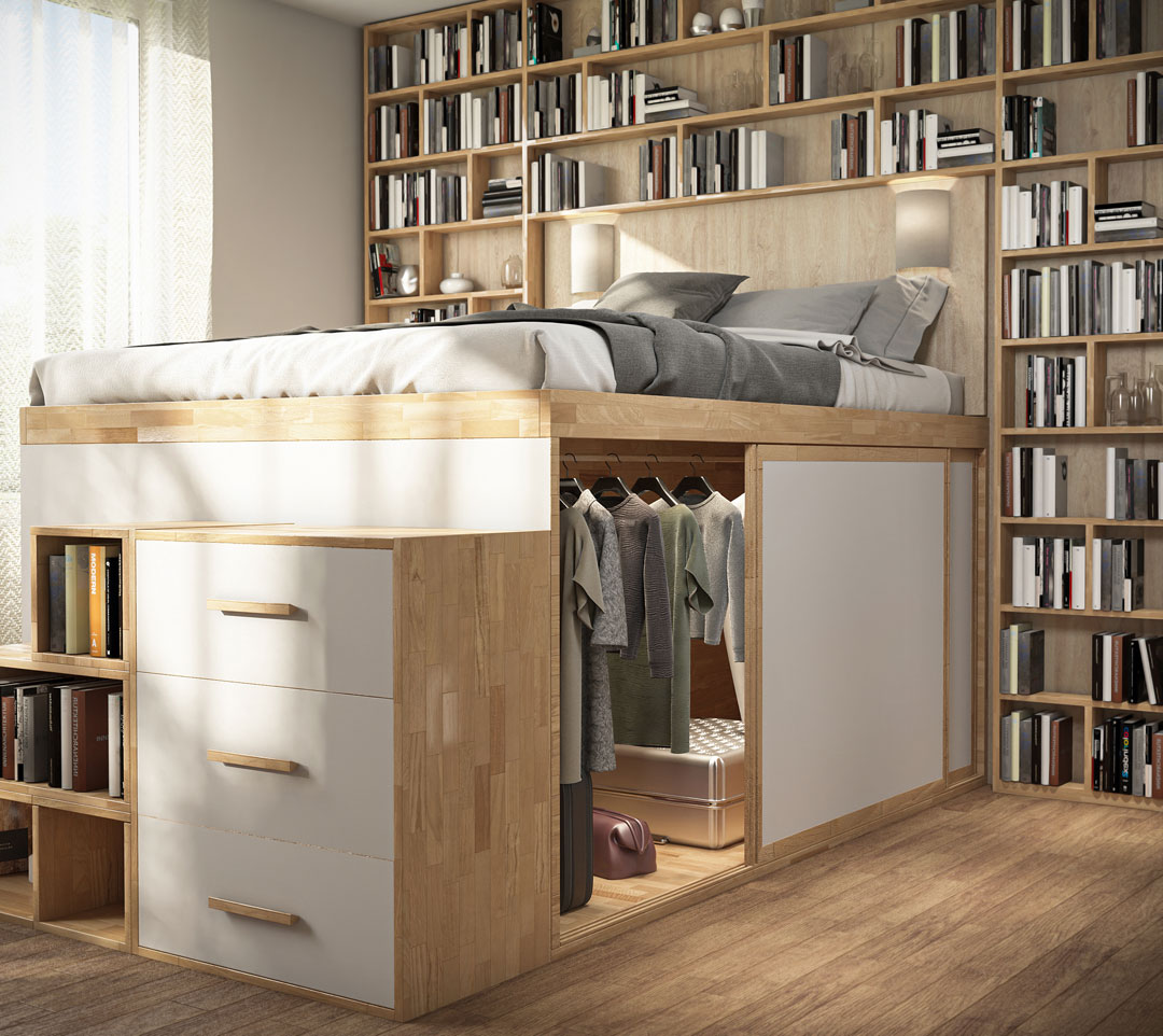 SpazioBed: soluzione armadio con ante scorrevoli laterali. Scala posizionata in fondo ai piedi del letto